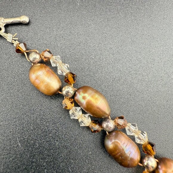Freshwater Pearl & Crystal Double-Strand Toggle Bracelet With Metallic & Amber T - Picture 5 of 7